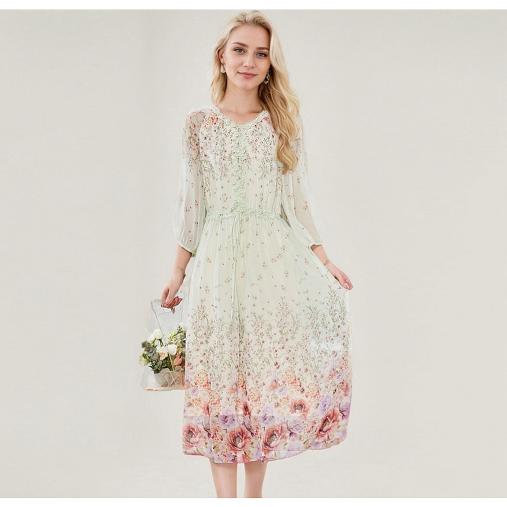 Women's Silk Floral Dress Sheer Sleeve For Wedding Guest Real Silk Life L-XL - Picture 6 of 11